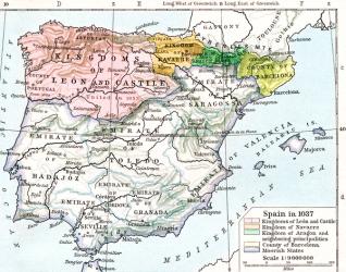 Map of Spain in 1037 showing the kingdoms of León and Castile, kingdom of Navarre, kingdom of Aragon and neighbouring principalities, county of Barcelona and Moorish states, from Historical Atlas, published 1923 (colour litho) | Obraz na stenu