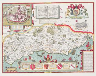 Sussex, engraved by Jodocus Hondius (1563-1612) from John Speed's Theatre of the Empire of Great Britain, pub. by John Sudbury and George Humble, 1611-12 (hand-coloured copper engraving) | Obraz na stenu