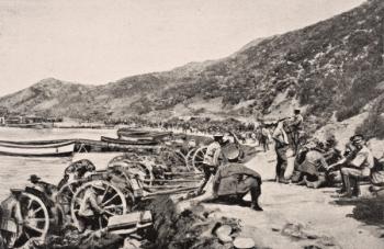 Australian troops on Anzac Cove Gallipoli Peninsula Turkey, 1915, from 'The War Illustrated Album deLuxe', published in London, 1916 (litho) | Obraz na stenu