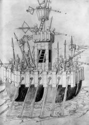 Medieval galley warship, illustration from 'De re militari' by Roberto Valturio (1405-75) 1470 (pen & ink on paper) | Obraz na stenu