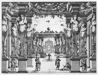 Stage design by Giacomo Torelli (1608-78) for 'Mirame' performed in 1641 at Theatre Petit Bourbon in Paris (engraving) (b/w photo) | Obraz na stenu