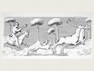 Nature and Appearance of Deer and how they can be Hunted with Dogs, after a miniature in the 15th century Manuscript of Phoebus, from 'Le Moyen Age et La Renaissance' by Paul Lacroix (1806-84) published 1847 (litho) | Obraz na stenu