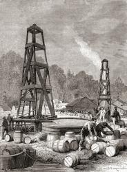 A source of petroleum at Oil Creek on the Allegheny River, Pennsylvania, U.S.A. in 1858, discovered by Edwin Laurentine Drake, aka Colonel Drake, from 'Les Merveilles de la Science', published c.1870 (engraving) | Obraz na stenu