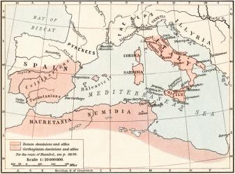 Map of Rome and Carthage at the beginning of the Second Punic War, 218 BC. From Historical Atlas, published 1923. | Obraz na stenu