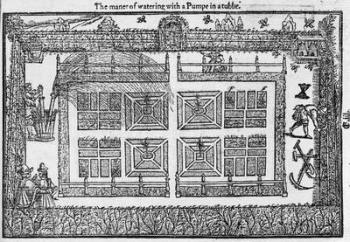 The maner of watering with a pumpe in a tubbe, from 'The Gardener's Labyrinth', 1577 (woodcut) | Obraz na stenu