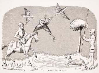 Heron hawking, reproduction of a miniature in the 14th century manuscript 'Livre de Roy du Modus', by Henri de Ferrieres, from 'Le Moyen Age et La Renaissance' by Paul Lacroix (1806-84) published 1847 (litho) | Obraz na stenu