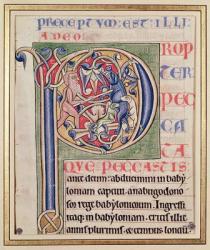 Historiated initial 'P' depicting a boar hunt, from the Bible of Saint-Andre aux-Bois (vellum) | Obraz na stenu