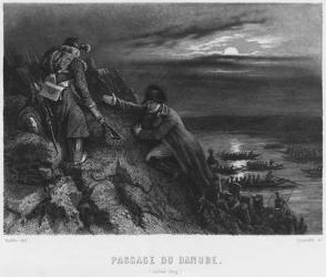 Napoleon I Bonaparte (1769-1821) crossing the River Danube during the night of 4th July 1809, engraved by Abraham Girardet (1764-1823) (engraving) (b/w photo) | Obraz na stenu