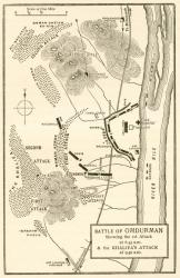 Map of the Battle of Omdurman, Khartoum, Sudan,1898, showing the 1st attack at 6.45 a.m. and the Khalifa's attack at 9.40 a.m. From Field Marshal Lord Kitchener, His Life and Work for the Empire, published 1916. | Obraz na stenu