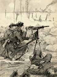 French machine gun team at the Battle of the Yser, Belgium, 1915 during World War One. From Agenda Buvard du Bon Marche published 1917. | Obraz na stenu