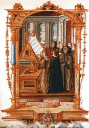 Ms Fr 1537 f.58v Illustration from 'Chants Royaux sur la Conception Couronnee du Puy de Rouan', depicting the choir singing the Gloria, conducted by Jean Ockeghem (1410-97), 1519-26 (vellum) | Obraz na stenu