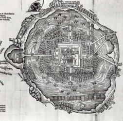Map of Tenochtitlan from 'Praeclara Ferdinandi Cortesii de Nova Maris Oceani Hispania Narrati' (woodcut) (b/w photo) | Obraz na stenu