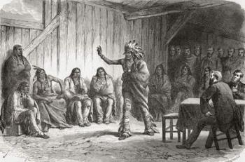 Crow Indian Chief Bear's Tooth at the great peace council at Fort Laramie, 12 November 1867, illustration from 'The World in the Hands', engraved by Gauchard, published 1878 (engraving) | Obraz na stenu