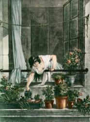 Young woman watering plants on her balcony. From Illustrierte Sittengeschichte vom Mittelalter bis zur Gegenwart by Eduard Fuchs, published 1909. | Obraz na stenu