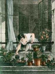 Young woman watering plants on her balcony. From Illustrierte Sittengeschichte vom Mittelalter bis zur Gegenwart by Eduard Fuchs, published 1909. | Obraz na stenu