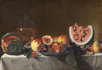 Still life with watermelons and carafe of white wine (oil on canvas) | Obraz na stenu