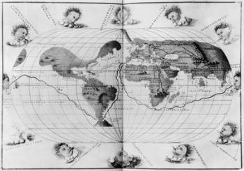 World map tracing Magellan's world voyage, from the 'Portolan Atlas of the World', c.1540 (see also 63417, 151822) (engraving) (b/w photo) | Obraz na stenu