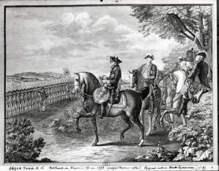 King Frederick II of Prussia (1712-86) reviewing the troops in 1778 (engraving) | Obraz na stenu