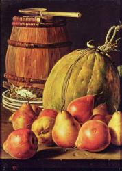 Still Life with pears, melon and barrel for marinading (oil on canvas) | Obraz na stenu