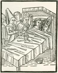 Ceremonial part of a marriage known as Beilagers, mostly used in Germany from the middle ages to the 19th century. A Bishop would bless the marriage bed with the newly wed couple in it, in front of witnesses. After a 15th century woodcut. From Illustriert | Obraz na stenu