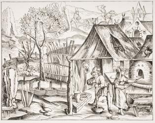 Peasants Cultivating Grain and Manufacturing Barley and Oat Bread, after a woodcut from an edition of Virgil published in Lyons, 1517, from 'Le Moyen Age et La Renaissance' by Paul Lacroix (1806-84) published 1847 (litho) | Obraz na stenu
