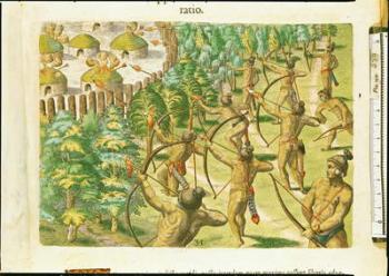 Attack on an Indian Village with Flaming Arrows, from 'Brevis Narratio...' engraved by Theodore de Bry (1528-98) 1591 (coloured engraving) | Obraz na stenu