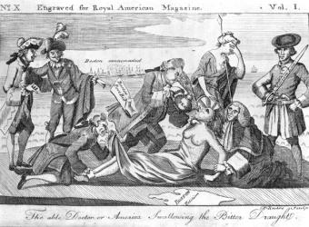 The Able Doctor, or America Swallowing the Bitter Draught, engraved by Paul Revere (1735-1818) for 'Royal American Magazine', June 1774 (engraving) (b&w photo) | Obraz na stenu