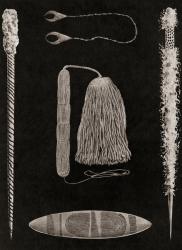 Objects important in Australian Aborigine ceremonies: two types of magical pointing-bones or sticks; an ornament of eaglehawk's claws, worn round the neck; a neckband and tassel; a Churinga or Tjurunga. After a 19th century photograph. From Customs of The | Obraz na stenu