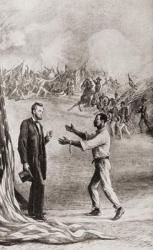 Allegorical image of a southern Negro slave, his chains broken, greeting President Abraham Lincoln during the American Civil War. Behind them a battle rages between the Confederate and Union troops. From The History of our Country, published1900. | Obraz na stenu