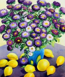 Purple Asters and Lemons (watercolour on paper) | Obraz na stenu