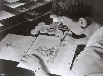 An animator from Disney Studios drawing a still for "The Three Caballeros", c.1944 (b/w photo) | Obraz na stenu