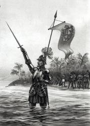 Balboa Claiming Dominion over the South Sea, 25th September 1513, from 'The American Continent and its Inhabitants before its Discovery by Columbus' by Anne C. Cady (litho) 1893 (b&w photo) | Obraz na stenu