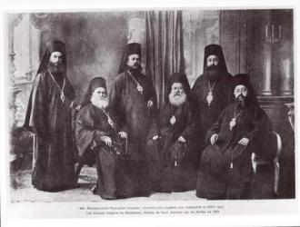 Bulgarian Bishops of Macedonia chased away from their diocese by Serbs, 1913 (b/w photo) | Obraz na stenu