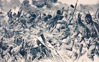 British troops in gas masks charge German trenches at Loos, France, September 25 1915, from 'The War Illustrated Album deLuxe', published in London, 1916 (litho) | Obraz na stenu