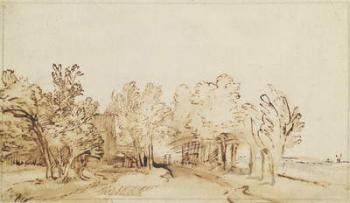 Avenue with a footpath and a farmhouse on the left (pen and brown ink and brush on paper) | Obraz na stenu