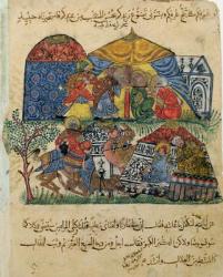 Ms C-23 fol.43b An old man and a young man in front of the tents of the rich pilgrims, from 'The Maqamat' (The Meetings) by Al-Hariri (1054-1121) c.1240 (vellum) | Obraz na stenu