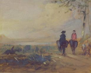 Landscape with Lake and two Figures Riding, previously attributed to J.M.W. Turner (1775-1851) and also attributed to Peter de Wint (1784-1849), 1815-25 (oil on paper) | Obraz na stenu