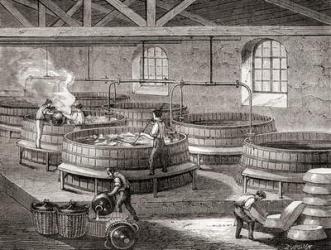 The manufacture of soap in large tanks in the 19th century, from 'Les Merveilles de la Science', published c.1870 (engraving) | Obraz na stenu
