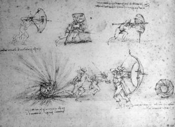 Study with Shields for Foot Soldiers and an Exploding Bomb, c.1485-88 (pen and ink on paper) | Obraz na stenu