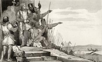 Philippe II Auguste (1165-1223) wins the Battle of Bouvines after prayer, from 'Histoire de France' by Colart, published c.1840 (engraving) | Obraz na stenu