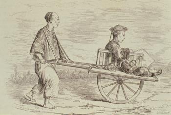 Wheelbarrow Taxi in the 1850s, China, engraved by Alfred Louis Sargent (b.1828) from 'Le Tour du Monde', published in Paris, 1860s (engraving) | Obraz na stenu