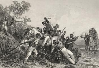 Fugitive British officers and their families attacked by mutineers, from 'The History of the Indian Mutiny', published in 1858 (engraving) | Obraz na stenu