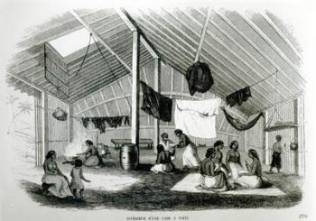 Inside a Tahitan Hut, from 'Voyages dans Les Deux Oceans', by Eugene Delessert, 1848 (litho) (b/w photo) | Obraz na stenu
