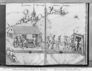 Silver mine of La Croix-aux-Mines, Lorraine, fol.8v and fol.9r, miners entering the mine, c.1530 (pen & ink & w/c on paper) (b/w photo) | Obraz na stenu