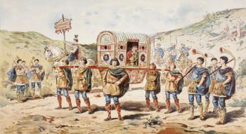 A 9th century noblewoman carried in a litter by four men, 1886 (colour litho) | Obraz na stenu