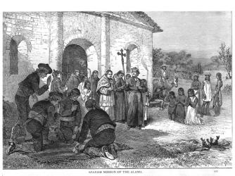 Spanish Mission of the Alamo, from 'The Romance of Tragedy of Pioneer Life', by Augustus L. Mason, 1883 (engraving) (b&w photo) | Obraz na stenu