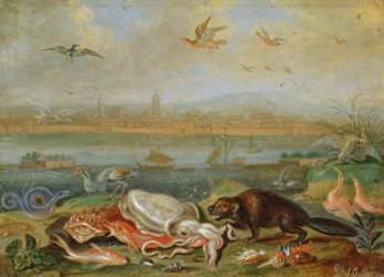 Creatures from the four continents in a landscape with a view of Canton in the background (oil on copper) | Obraz na stenu