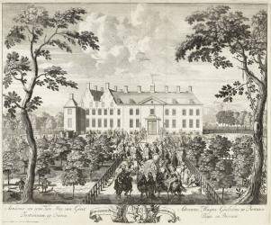 Arrival of William III at the hunting lodge, Hof te Dieren, 1691 (engraving) | Obraz na stenu