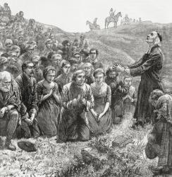 A prayer meeting of Covenanters in the 17th century, illustration from 'Our Own Magazine', published by the Children's Special Service Mission, 1885 (litho) | Obraz na stenu