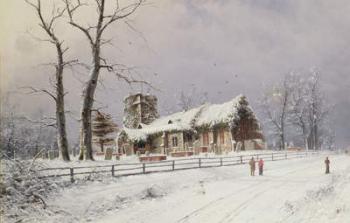 Winter Scene with Figures on a Path near a Church | Obraz na stenu